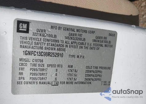 2008 Chevrolet Tahoe Ls from USA, damaged, VIN 1GNFC13C98R252910